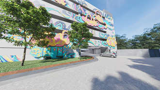 a rendering of a building with a colorful mural on the side of it at Link Apartments NoDa 36th, Charlotte