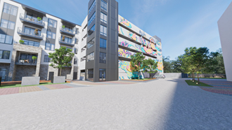 an artist impression of a redeveloped building with colourful murals on the side of it at Link Apartments NoDa 36th, North Carolina, 28206 - Photo Gallery 3