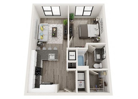 1 bed 1 bath A2 Floor Plan at Link Apartments Innovation Quarter, Winston Salem, North Carolina