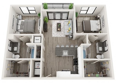 2 bed 2 bath B1 Floor Plan at Link Apartments Innovation Quarter, Winston Salem, NC, 27101