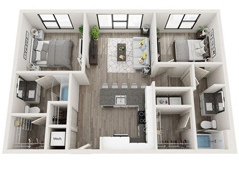 2 bed 2 bath B2 Floor Plan at Link Apartments Innovation Quarter, Winston Salem, NC