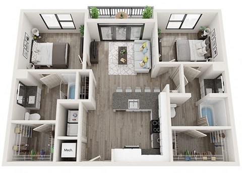 2 bed 2 bath B3 Floor Plan at Link Apartments Innovation Quarter, Winston Salem, 27101