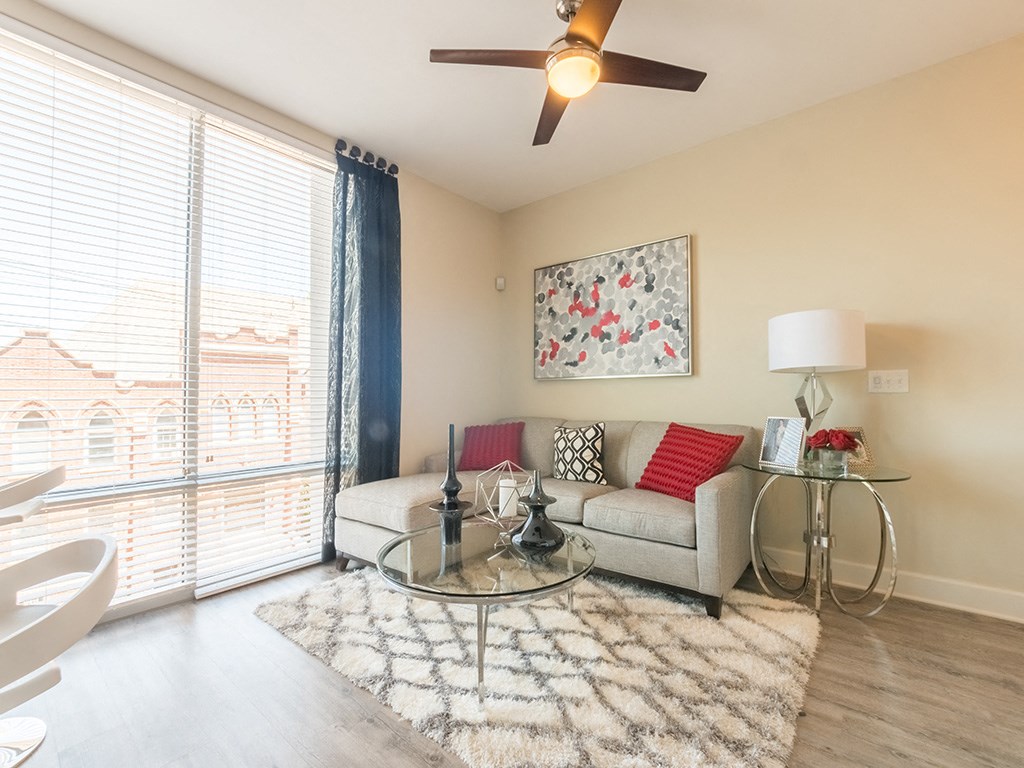 Spacious Living Room With Private Balcony at Link Apartments® West End, Greenville, SC, 29601