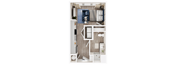A top-down view of a small, neatly organized apartment with a kitchen, living room, and bathroom.