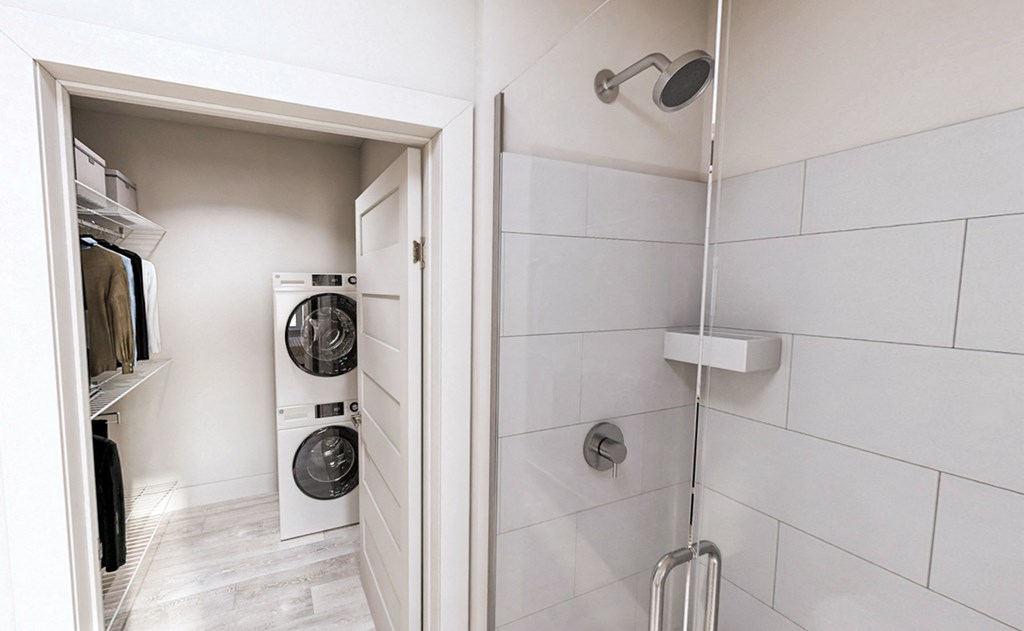 Walk-in shower and smart washer/dryer  at Link Apartments® Montford, North Carolina, 28209