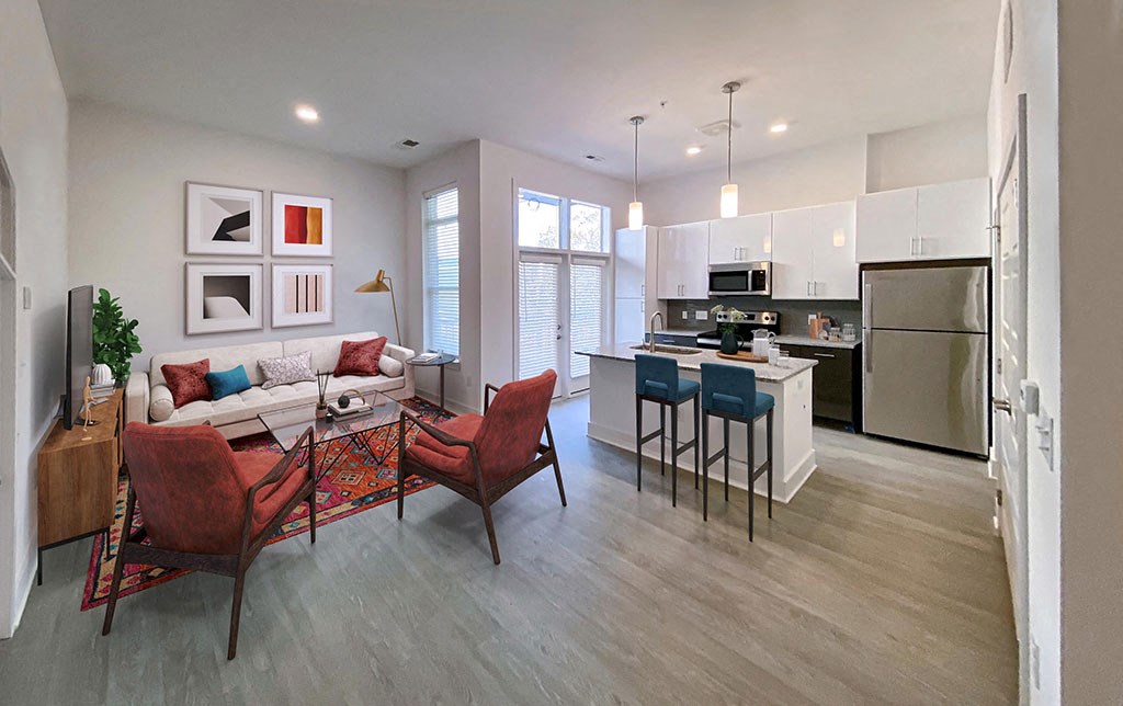 Living Room With Gourmet Kitchen View at Link Apartments® Linden, Chapel Hill, NC, 27517