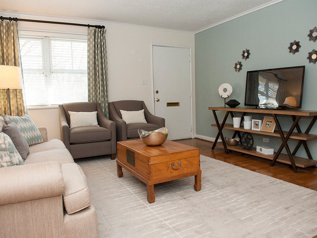 Living Room With Expansive Window at Glen Lennox Apartments, Chapel Hill, NC, 27514