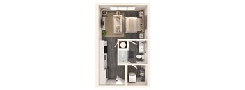 a 1 bedroom floor plan with a bathroom and a kitchen