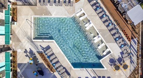 Aerial view of resort style swimming pool at Lumeo at Tryon Park Apartments, Charlotte, North Carolina