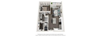 A 3D floor plan of a small apartment with a kitchen, living room, and bathroom.