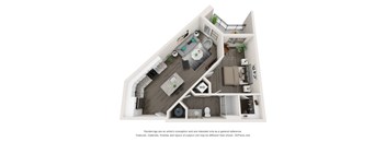 A 3D floor plan of a house with a kitchen, living room, and two bedrooms.