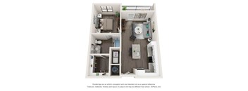 A 3D floor plan of a small apartment with a kitchen, living room, and bathroom.