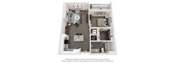 A 3D floor plan of a small apartment with a kitchen, living room, and bathroom.
