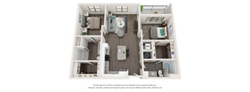 A 3D floor plan of a small apartment with a kitchen, living room, and bathroom.