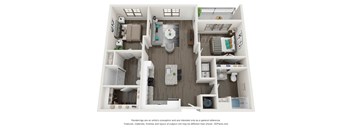 A 3D floor plan of a small apartment with a kitchen, living room, and bathroom.