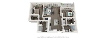 A 3D floor plan of a small apartment with a kitchen, living room, and bedroom.