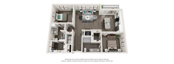 A 3D floor plan of a house with a kitchen, living room, and two bedrooms.