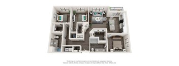 A 3D floor plan of a house with multiple rooms and furniture.