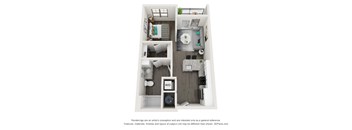 A 3D floor plan of a small apartment with a kitchen, living room, and bathroom.