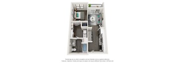 A 3D floor plan of a small apartment with a kitchen, living room, and bathroom.