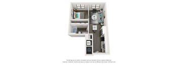A 3D floor plan of a small apartment with a kitchen, living room, and bathroom.