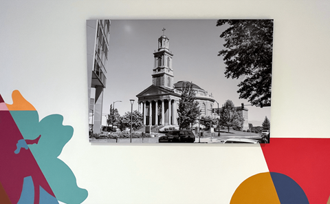 Muraled Walls with Black and White Image of Historic Building at Link Apartments 4th Street in Winston-Salem at Link Apartments® 4th Street, North Carolina, 27101