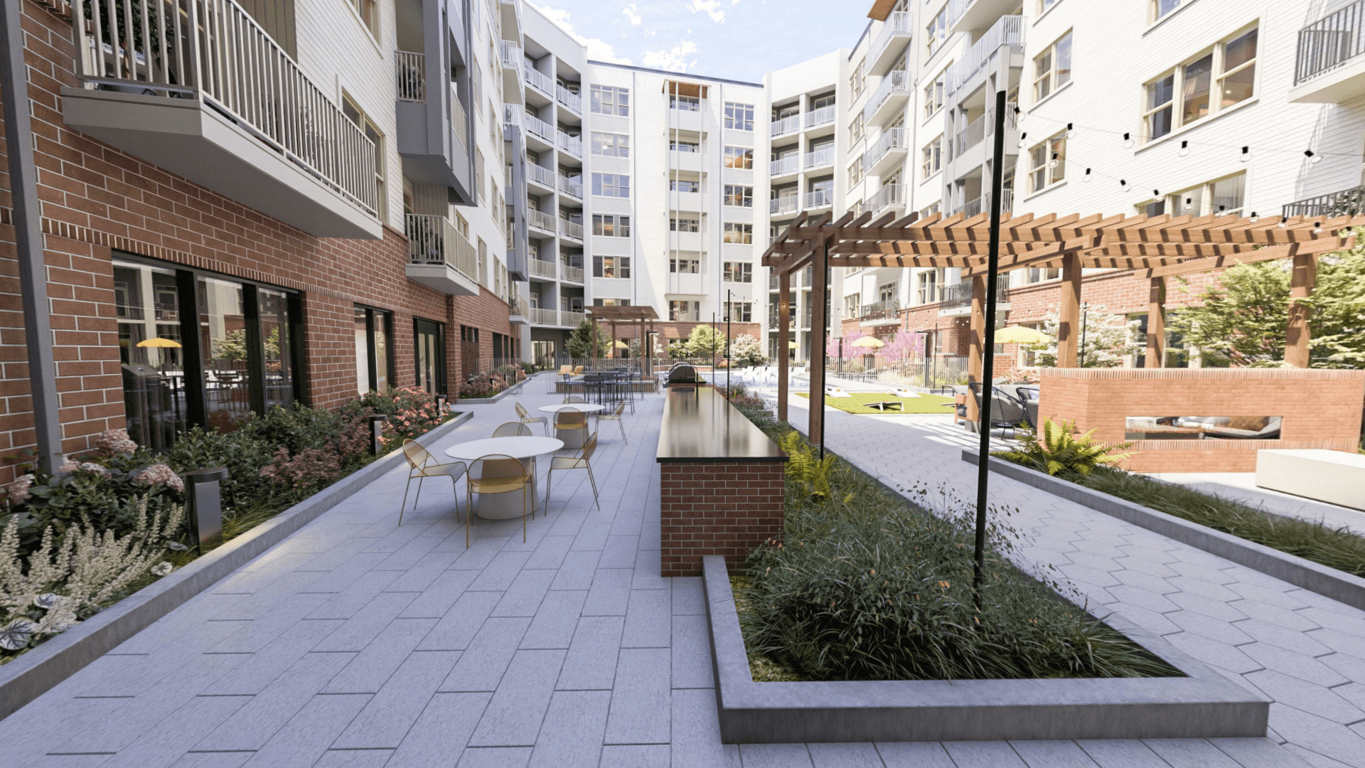a rendering of a courtyard with tables and chairs in an apartment building
