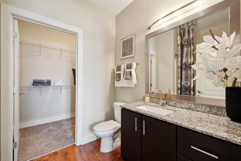 a bathroom with a shower toilet and sink and a mirror at Link Apartments® Brookstown, North Carolina
