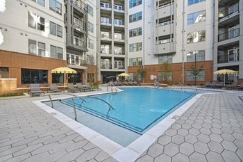 our apartments offer a swimming pool in front of our building at Link Apartments® Calyx, Chapel Hill, 27517
