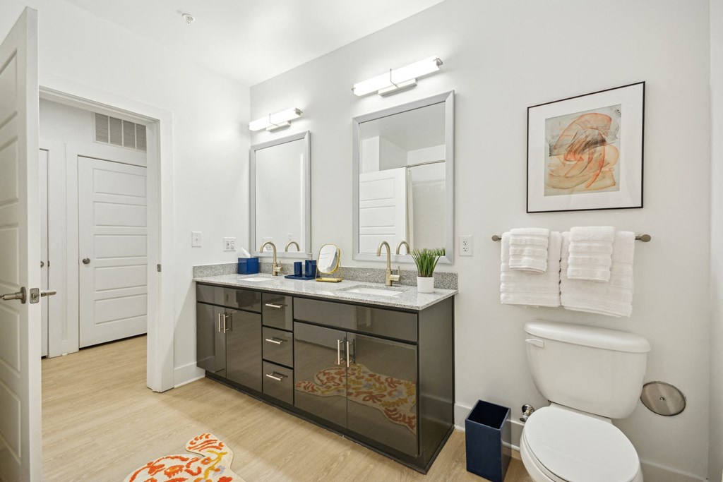a bathroom with a sink and a toilet and a mirror at Link Apartments® Calyx, North Carolina