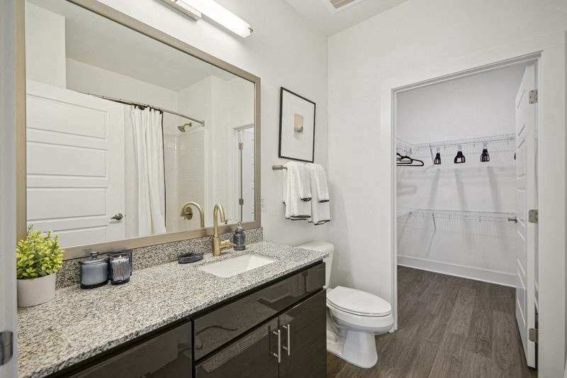 a bathroom with a mirror and a toilet and a shower at Link Apartments® 4th Street, Winston-Salem