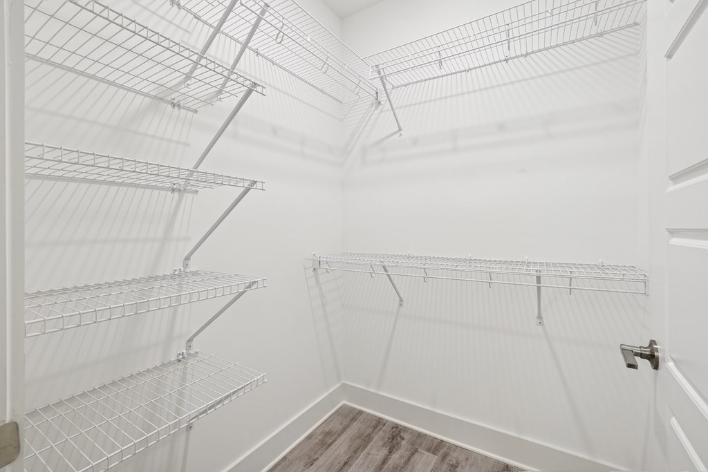 A white walk-in pantry with shelving and a door at Link Apartments® CYKEL Apartments, Charlotte, North Carolina