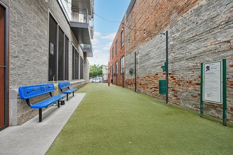 A long green lawn runs between two buildings.