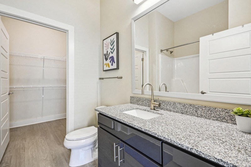 a bathroom with a sink and a toilet and a mirror at Link Apartments Innovation Quarter, Winston Salem