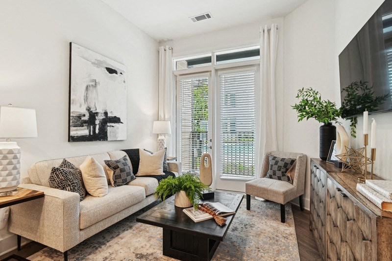 Living Room With TV at Link Apartments® NoDa 36th, Charlotte, 28206