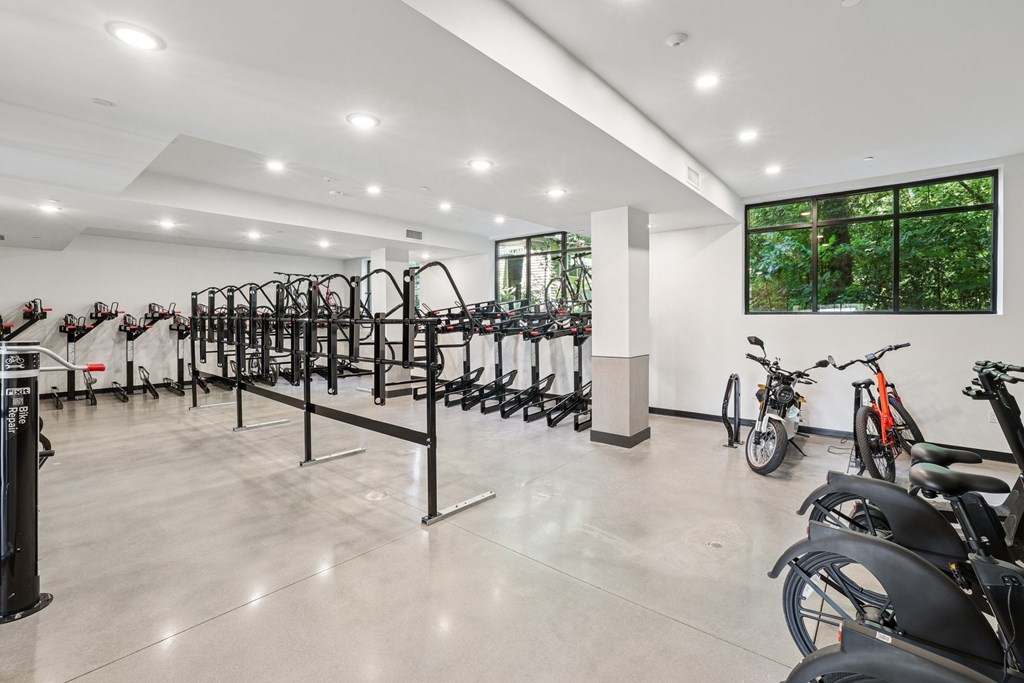 A gym with a row of exercise bikes and a row of treadmills at Link Apartments® CYKEL Apartments, Charlotte, NC