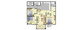 level floor plan of a home with bedrooms and a large living room
