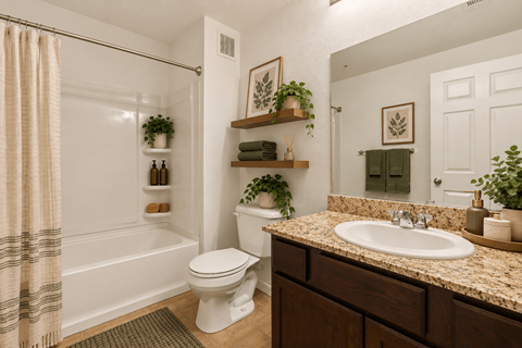 A bathroom with a toilet, sink, and a shower.