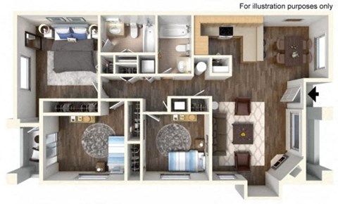 A cutaway diagram of a small apartment layout.