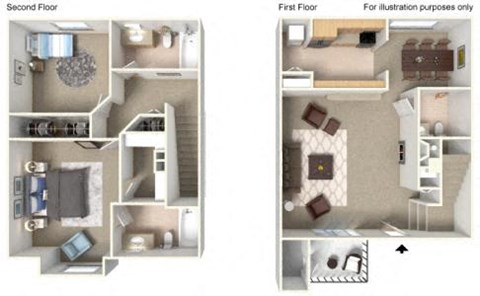 A floor plan of a two-story apartment with a kitchen, living room, and bedrooms.