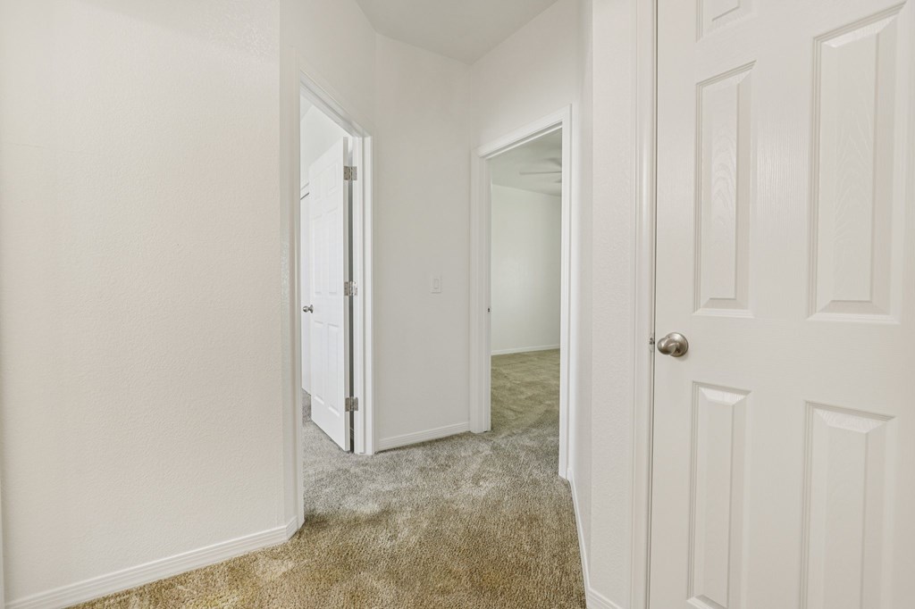 A hallway with a carpeted floor and white walls.