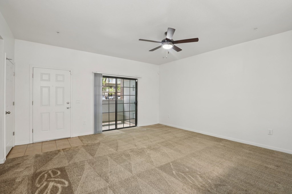 A room with a ceiling fan and a rug with a tree design on it.