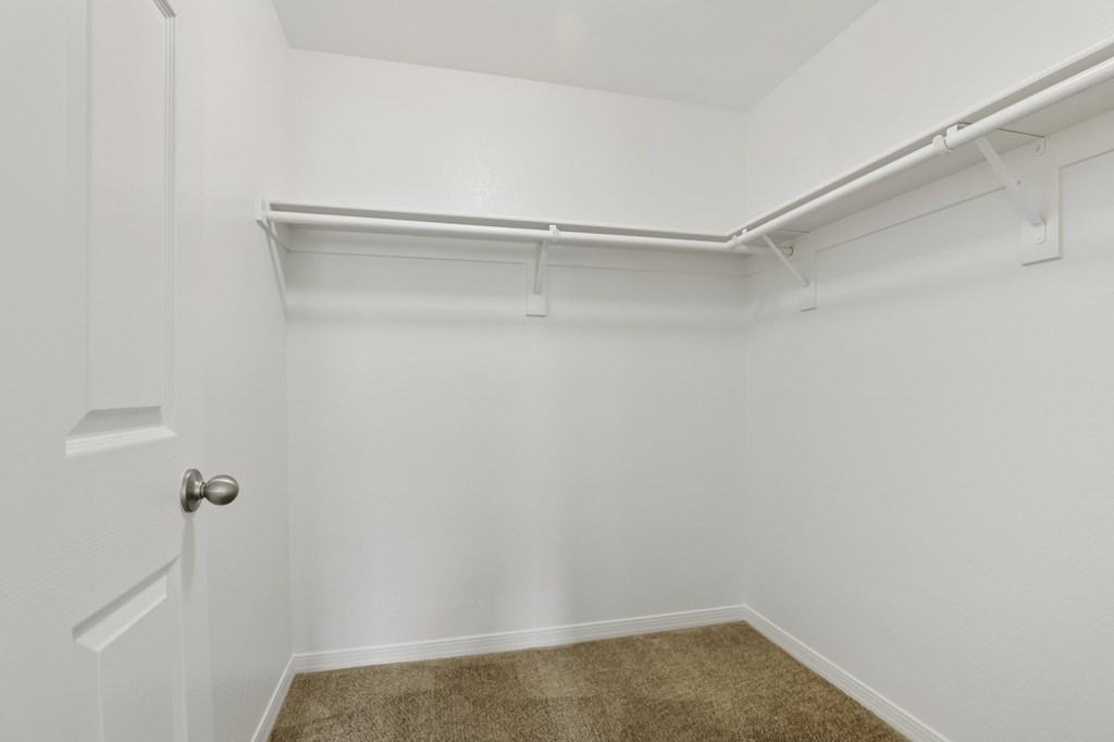 A white door is on the left of a room with a brown carpet.