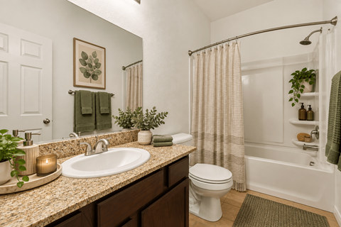 A bathroom with a sink, toilet, and shower.