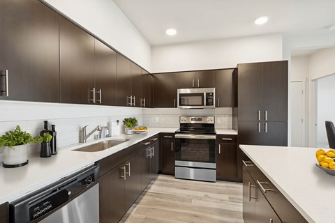 A modern kitchen with dark brown cabinets and stainless steel appliances.