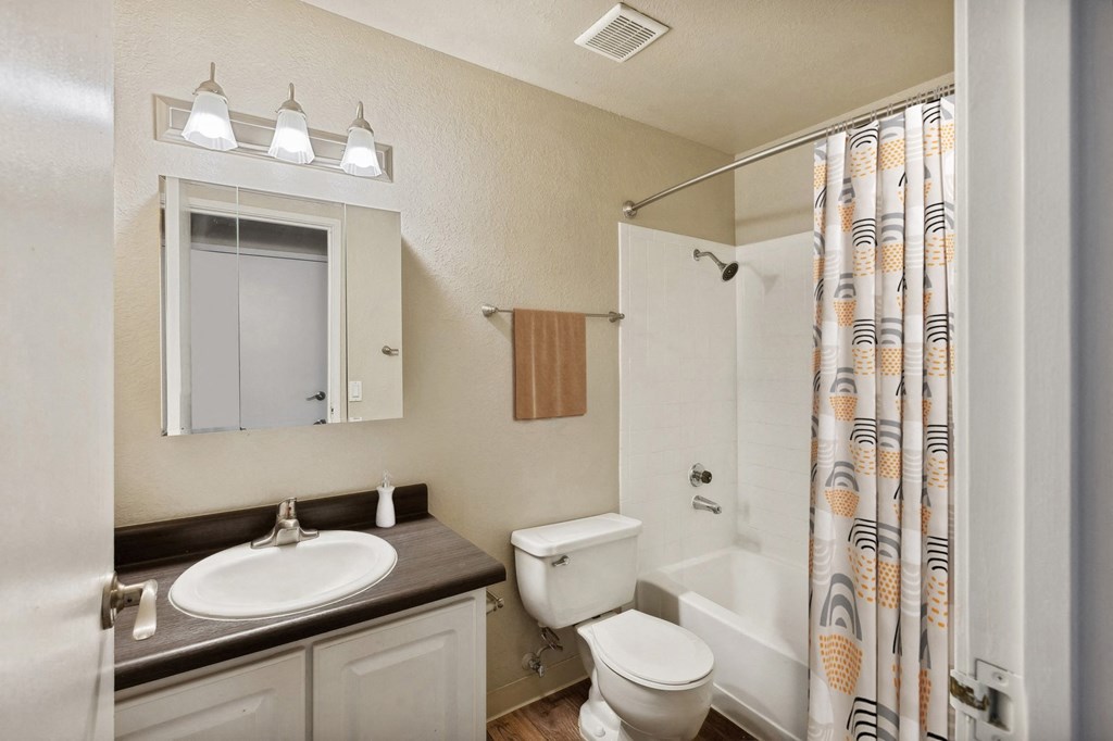 a bathroom with a shower toilet and sink and a shower curtain