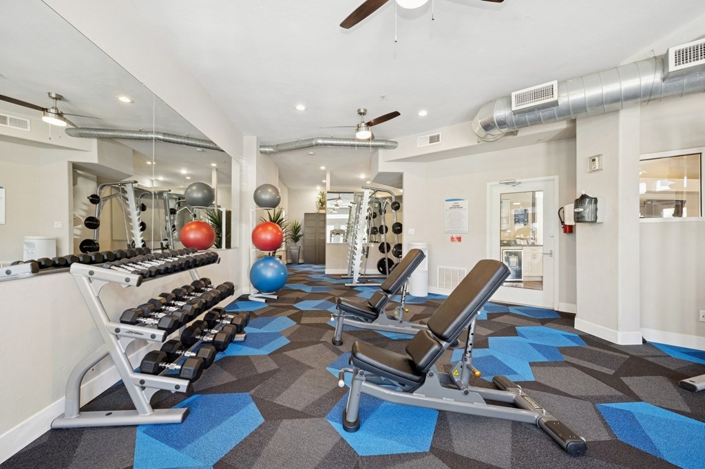 A gym with a variety of equipment including weights and a rowing machine.