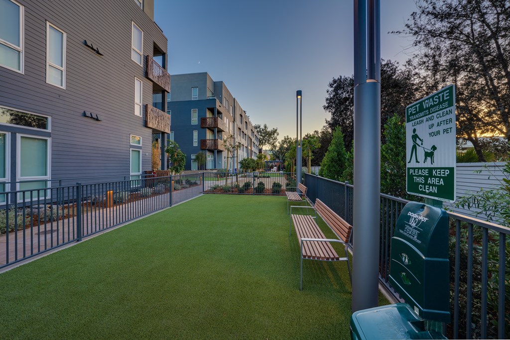 a dog park  with benches and a fence