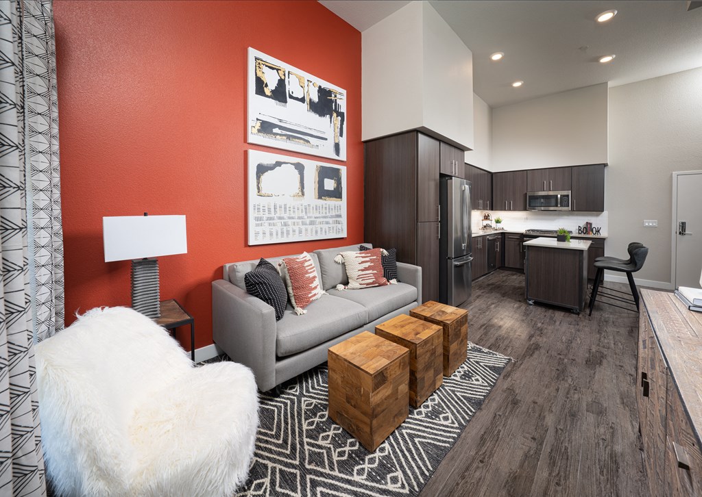 a living room and kitchen in a model home