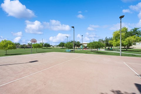 an empty basketball court in a park with trees